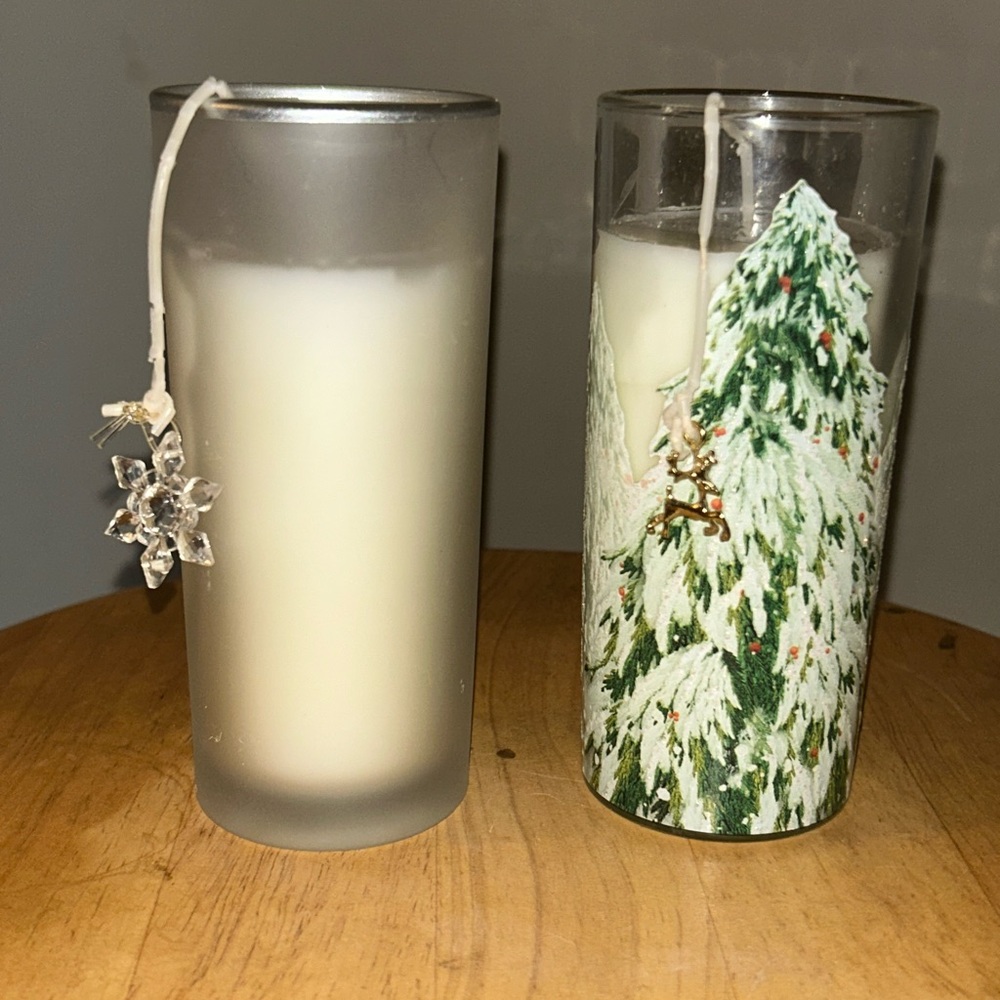 (2) Pier 1 Imports Holiday Charm Jar Candles- Snowy Birch & Holiday Forest